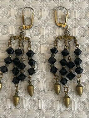 Vintage Brass & Black Crystal Chandelier Statement Earrings Goth Victorian #647